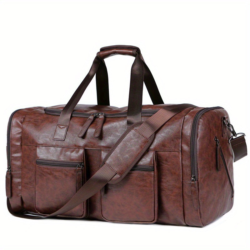 Large men's duffel bag with adjustable strap and multiple compartments, perfect for casual carry-on travel and weekend outings.