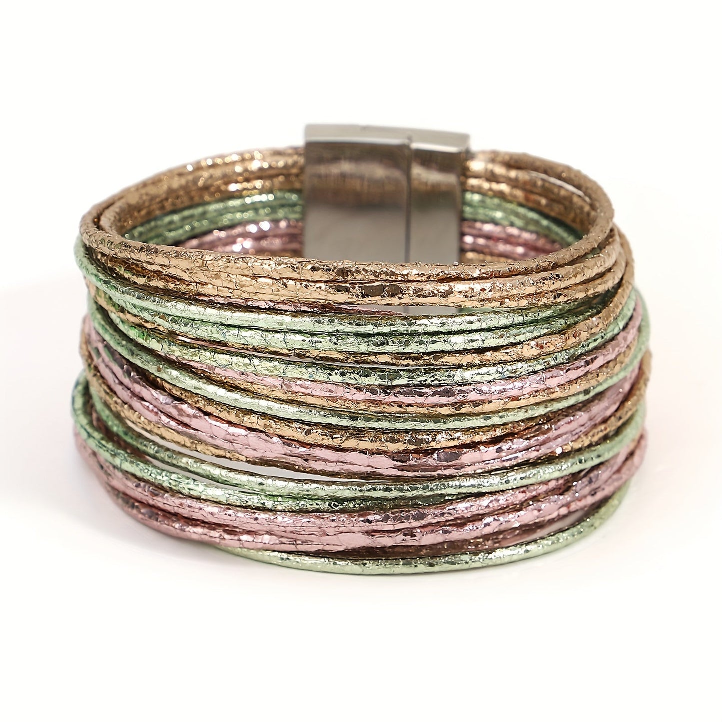 This Multilayer Wrap Bracelet features Slim Stripes and Metallic Shiny Glitter Leather, with a Magnetic Clasp that makes it easy to put on and take off. Perfect for Men and Women, this Bracelet is great for Holiday Parties and makes a unique Birthday