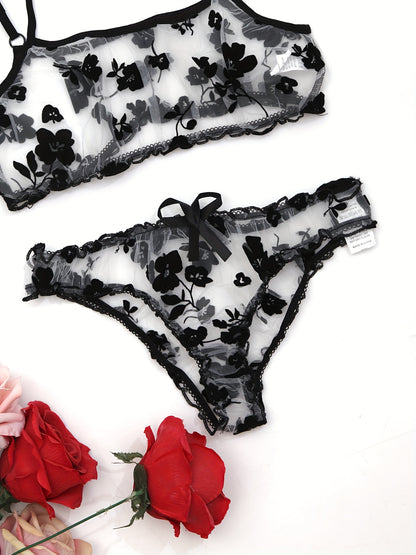 Sexy mesh flower lingerie set with transparent details - adult size, 2 pieces