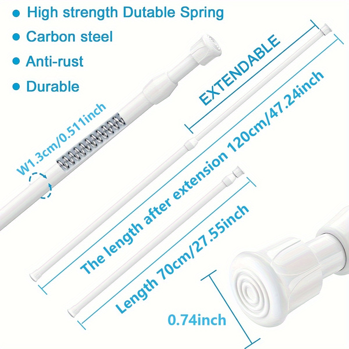 Telescopic rod for multiple uses - curtain, shower, clothes drying, door, wardrobe, cabinet, towel rack, bathroom accessories.