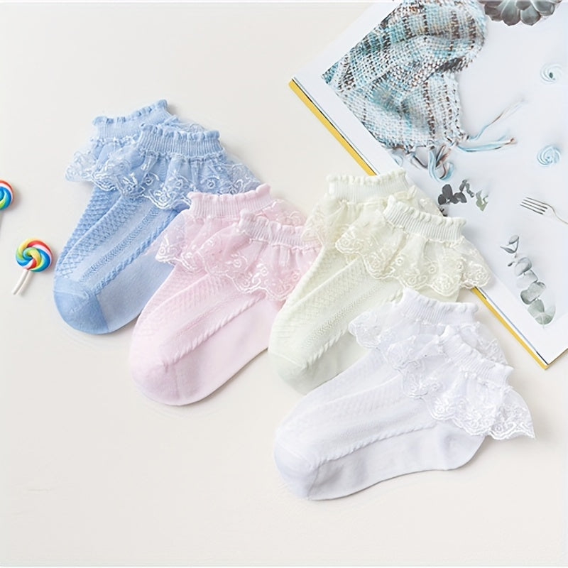 4 pairs of lace ruffle trim crew socks for girls, breathable and comfy princess dance socks.