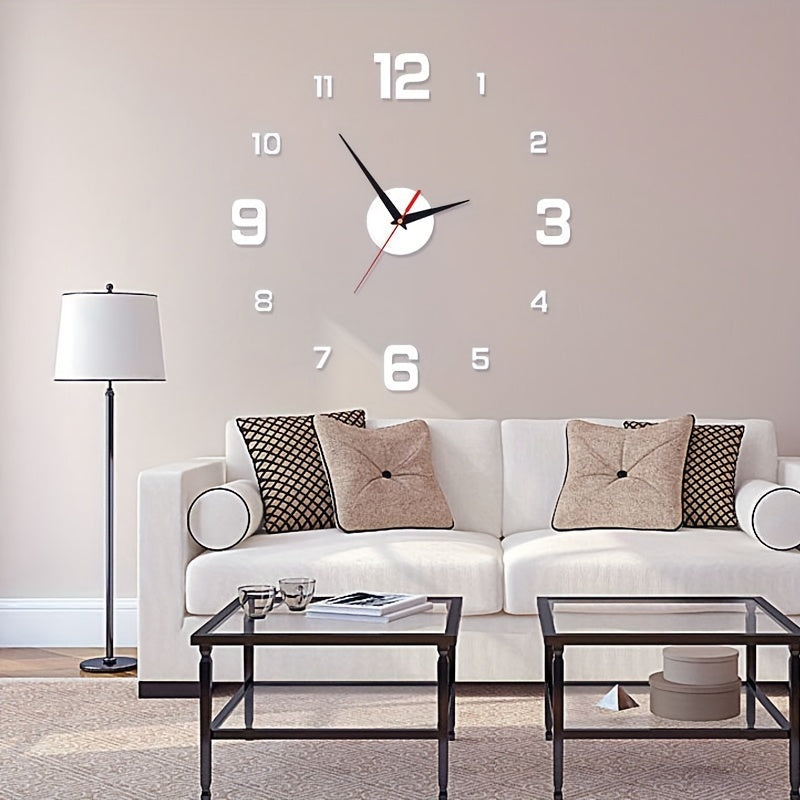 Art Deco style wall clock made of self-adhesive polyurethane, with silent movement, punch-free installation, luminous hands, battery-powered, and ideal for living room decor.