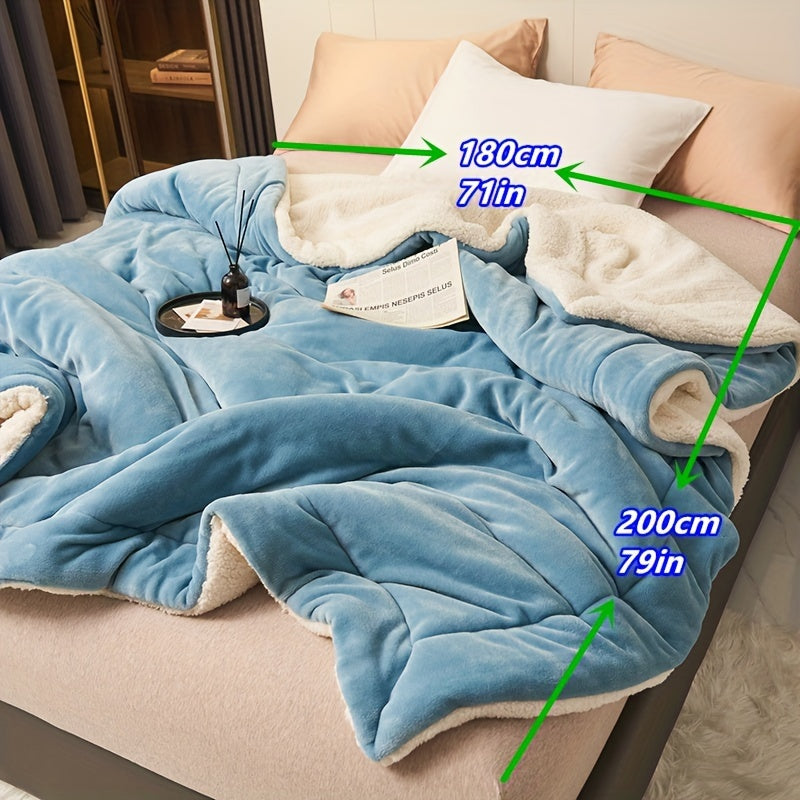 Luxurious double-layer blanket made from soft milk velvet lamb fleece, perfect for staying warm during winter. Can be machine washed and used as a versatile bedding accessory.