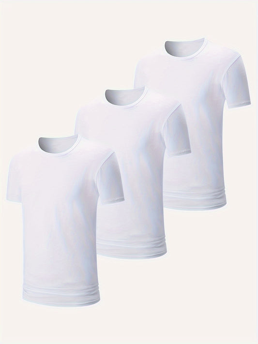 Men's 3-piece white cotton T-shirts, classic fit, short sleeve crew neck, solid color casual fashion tops for daily wear