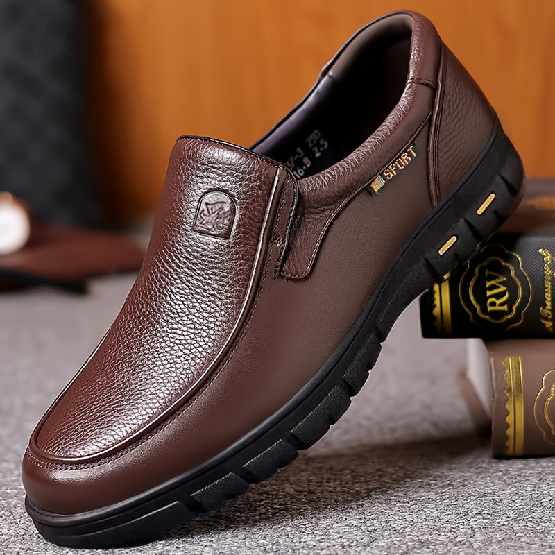 Men's slip-on business casual shoes made with head layer leather, PU lining, rubber sole, and fabric insole.