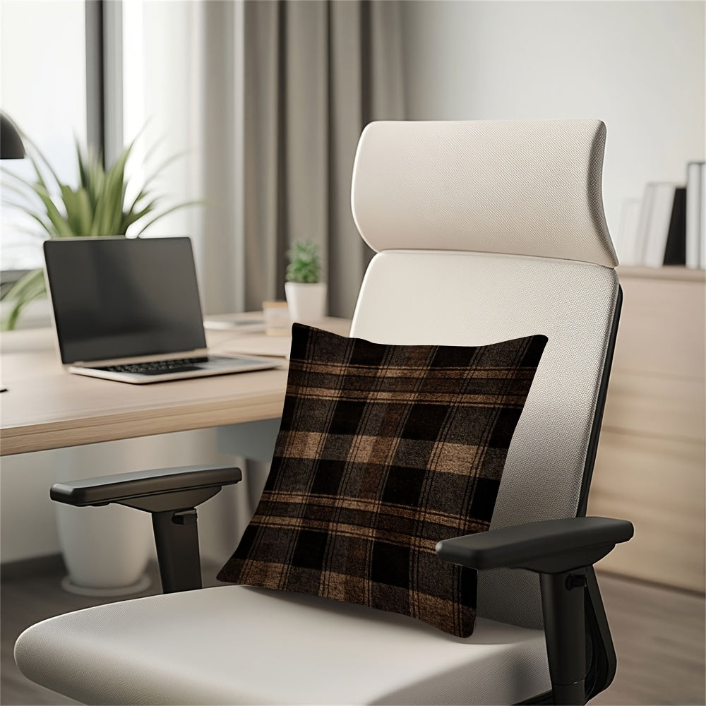 Stylish Dark Brown Plaid Pillow Cover featuring Two Designs - Convenient Hidden Zipper, Easy-to-Clean Polyester Fabric - Ideal for Adding Charm to Your Sofa, Office Chair, or Farmhouse Theme.