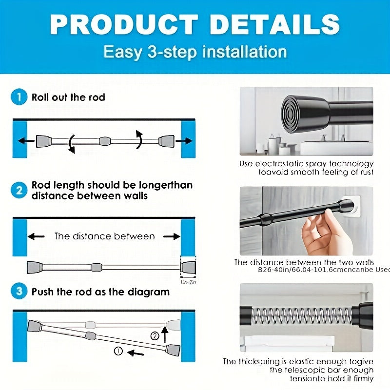 Telescopic rod for multiple uses, no drilling needed. Adjustable for doors, windows, bathroom, kitchen, drying, and decor.