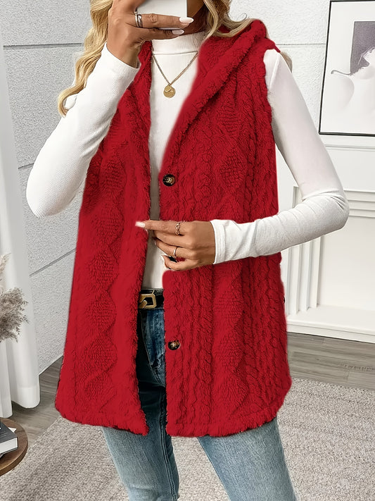 Sleek sleeveless hooded vest for women in solid color with plush texture and button detail. Machine washable and perfect for fall & winter.