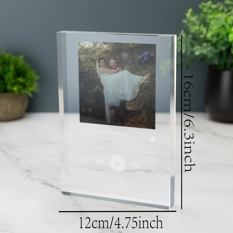 Personalize your space with a Customizable Acrylic Photo Plaque featuring your favorite song album and music selections. This unique display piece is perfect for adding a personal touch to your bedroom decor and makes an ideal memory and Valentine's Day