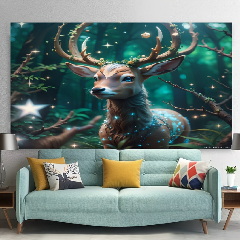 Enchanting Deer Tapestry with Starry Antlers - Whimsical Fantasy Art, Polyester Wall Decor for Nursery & Playroom