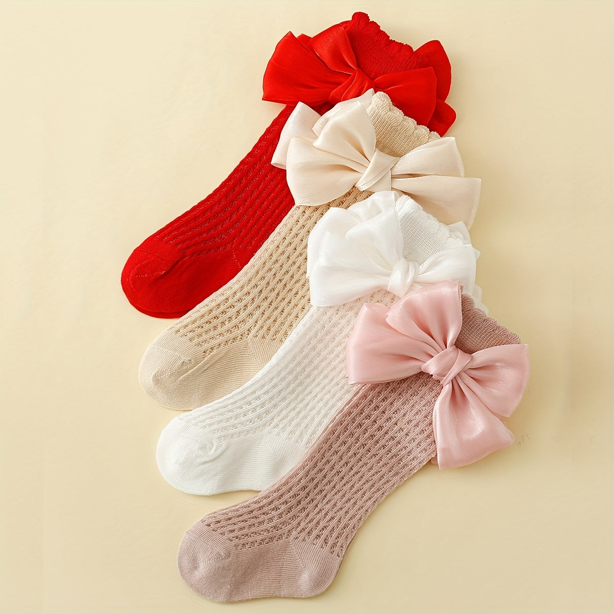 4 pairs of baby bow mesh knee-high socks for kids