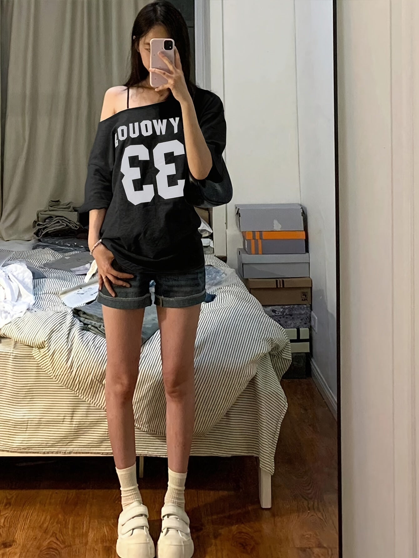 Women's Elegant Knit Letter Print Loose T-Shirt, Short Sleeve, Polyester 90% Elastane 10%, Spring/Summer Strapless Top