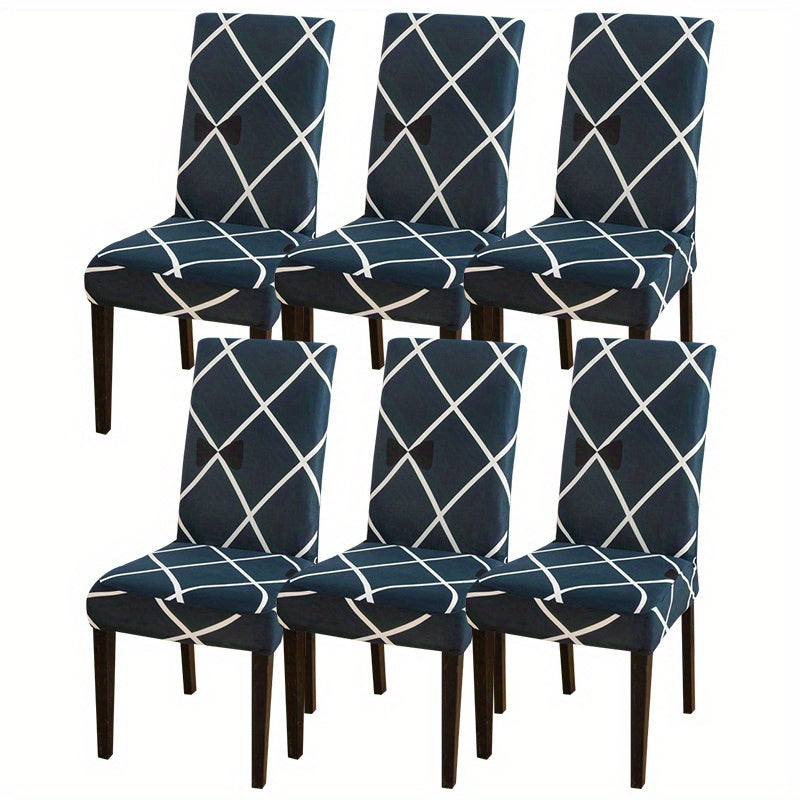 Printed stretch chair slipcovers in 4 or 6 pieces, ideal for dining chairs in various settings.