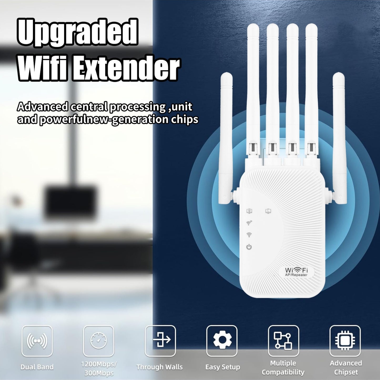 WiFi signal extender with 1200Mbps speed, dual-band 2.4G/5GHz, WiFi 6 support, 6 antennas, ideal for homes, malls, and cafes.