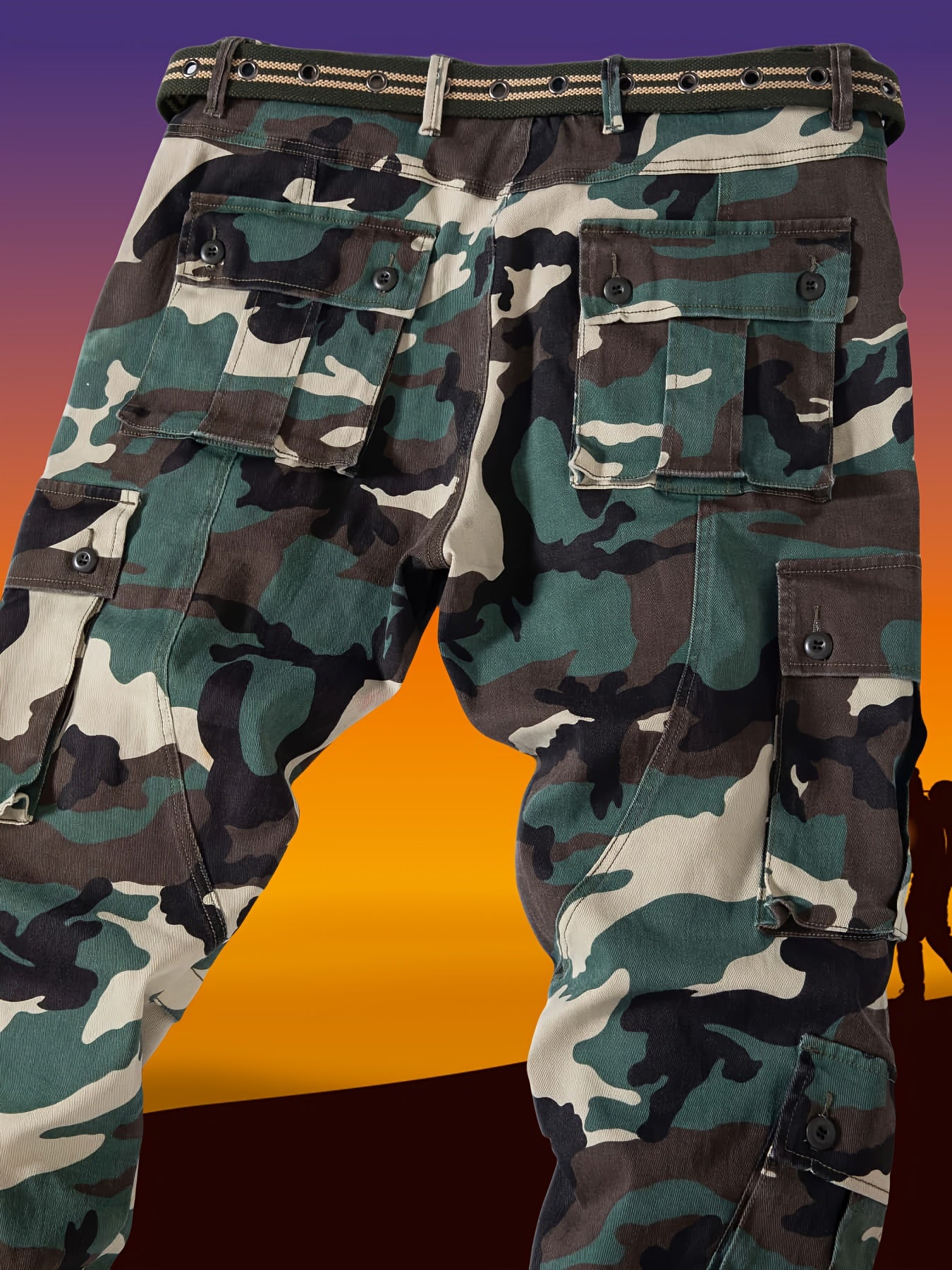 Men's plus size camo cargo pants with multiple pockets in army green camouflage pattern. Perfect for outdoor activities. Features drawstring waistband and loose fit in stretch cotton blend.