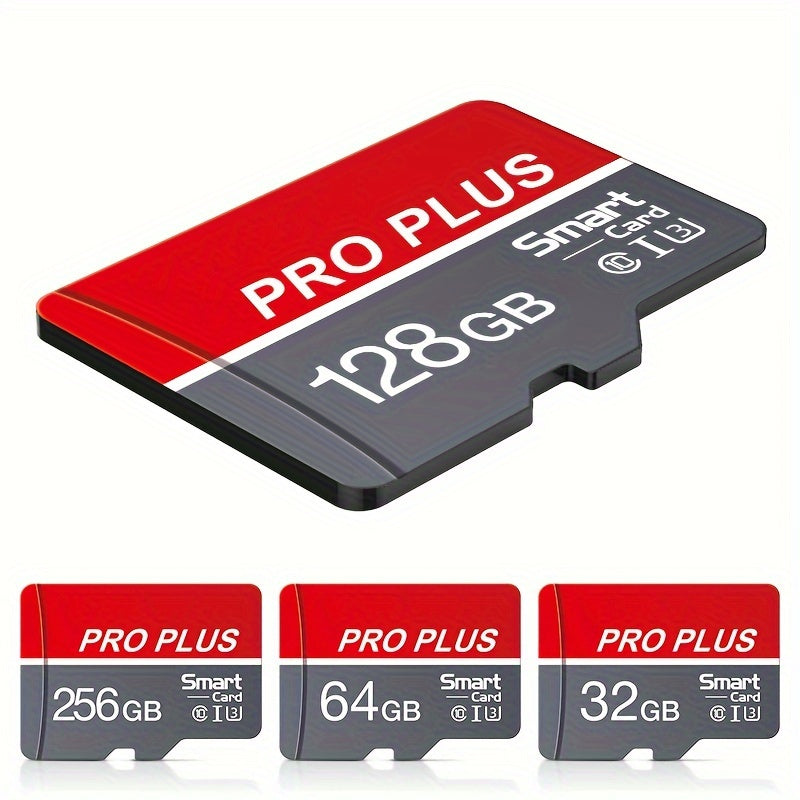 High-speed Class 10 U3 Microdrive Pro Plus Memory Card in red and gray, available in sizes 4GB to 256GB, offers reliable performance for smartphones, tablets, and more.