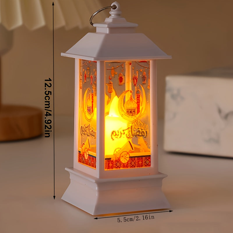 Rustic LED lantern for home decor and festive celebrations, battery operated with included button battery, perfect for Eid al-Fitr and holiday ambiance. Traditional style lantern made of