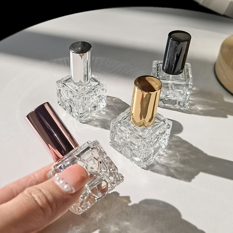 Four stylish square 10ml perfume bottles, perfect for travel, with water cube spray bottles for easy transfer.