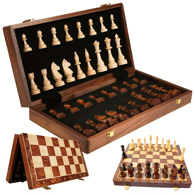 38.1cm X 38.1cm/15" X 15" Solid Wood Chess Set with Folding Board, Walnut Checkerboard, Internal Storage, 2 Bonus Queens.