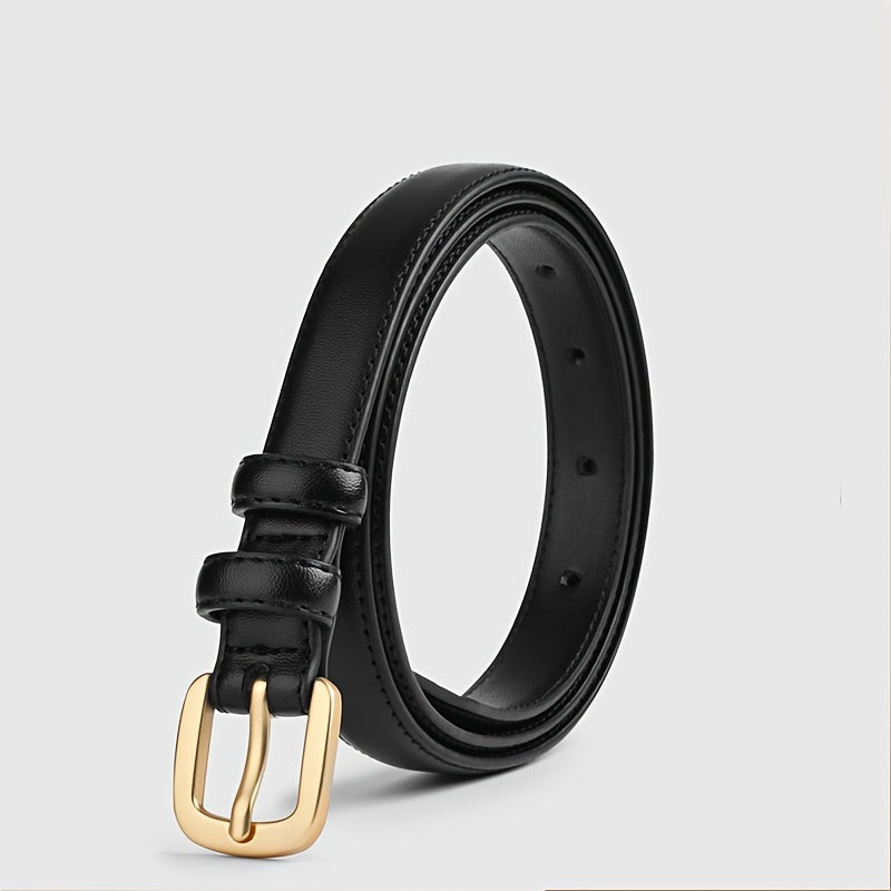 Women's faux leather black belt with pin buckle for jeans, from a luxury brand, chic and stylish waistband for ladies.