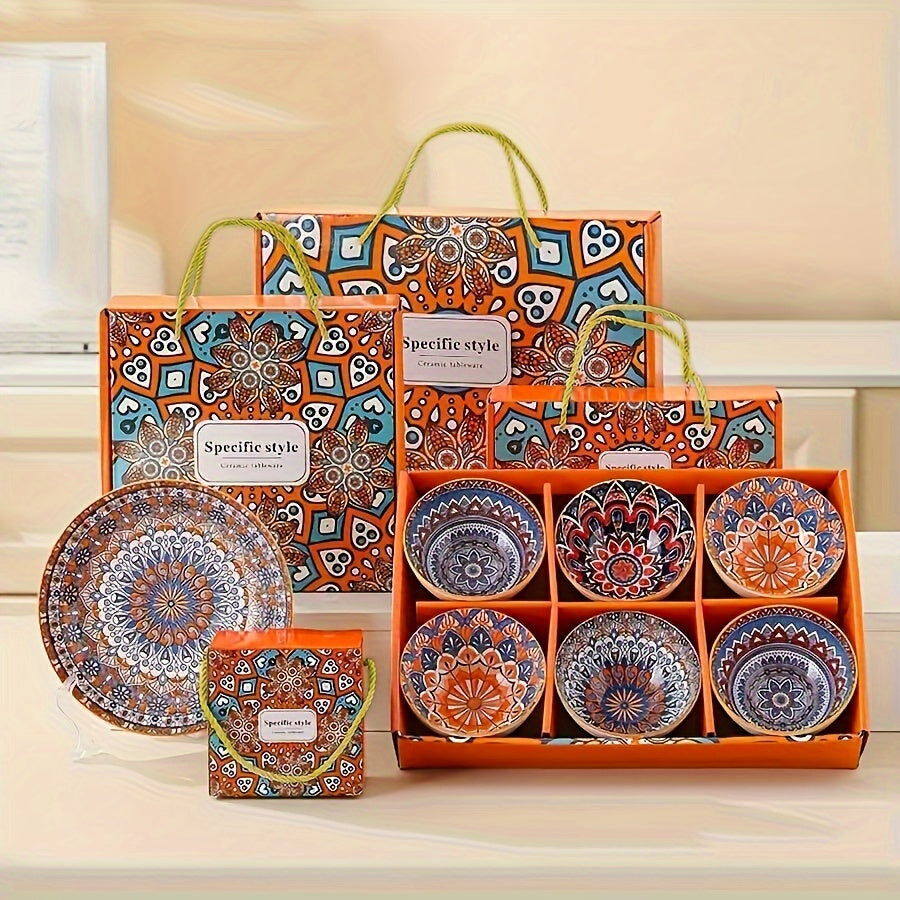 Handmade Bohemian ceramic bowl gift set featuring vibrant orange and blue mandala design. Ideal for serving cereal, ice cream, or pasta. Includes 2/4/6 bowls with elegant storage box. Perfect for holiday gatherings, Christmas, or Thanksgiving.