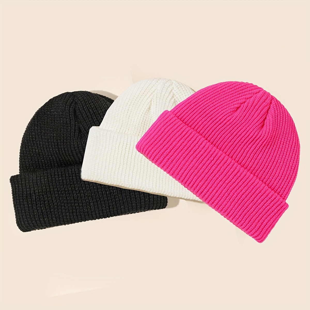 [Customer Favorite] Set of 3 Stylish Solid Color Knit Beanie Hats - Made with 100% Acrylic, Featuring Ribbed Cuffs, Stretchy & Soft Skull Caps in Classic Black, White, & Gray. Perfect for adding a touch of personality to your style!