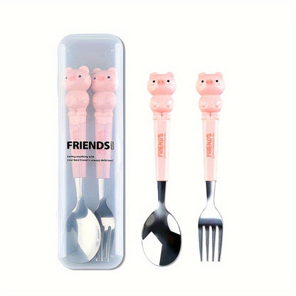 A set of 2 stainless steel utensils with cartoon design, stored in a reusable transparent case, perfect for home, school, or outdoor activities.