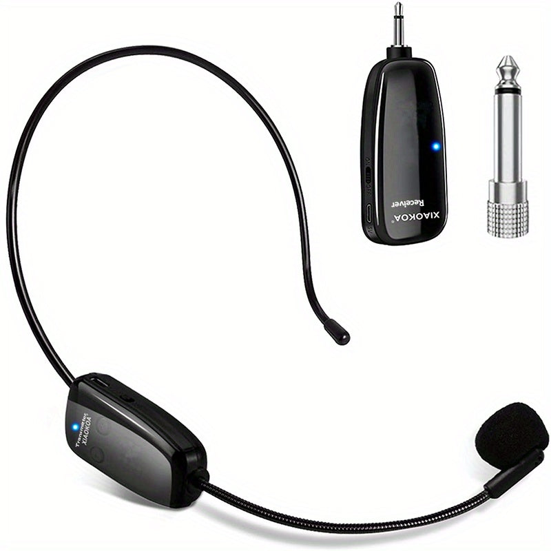 Rechargeable wireless microphone headset with UHF receiver, ideal for public speaking and teaching, USB Type-C charging.