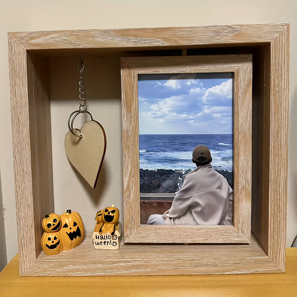 This unique couple's gift is a double-sided rotating wooden picture frame that fits 6x4 photos. Made for commemorating special moments, it is perfect as a desk or shelf decor. Designed for ages 14 and up.