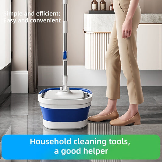 Stainless Steel Spin Mop and Bucket Set with Manual Rotary Mop and Collapsible Bucket - Perfect for Car Washing, Fishing, Office, Home Cleaning. Versatile Use in Living Room, Kitchen, Bedroom, Bathroom, and Outdoor Areas Without Needing Power.