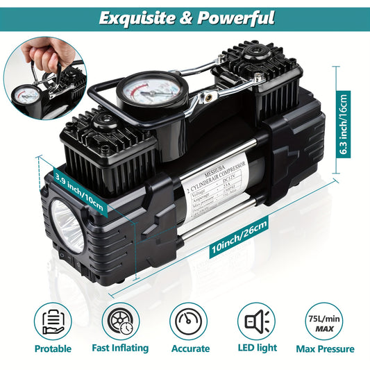 MESHUBA Portable Twin Cylinder Air Compressor: 12V Tire Inflator with Gauge & Emergency Light, for Cars and Bikes.