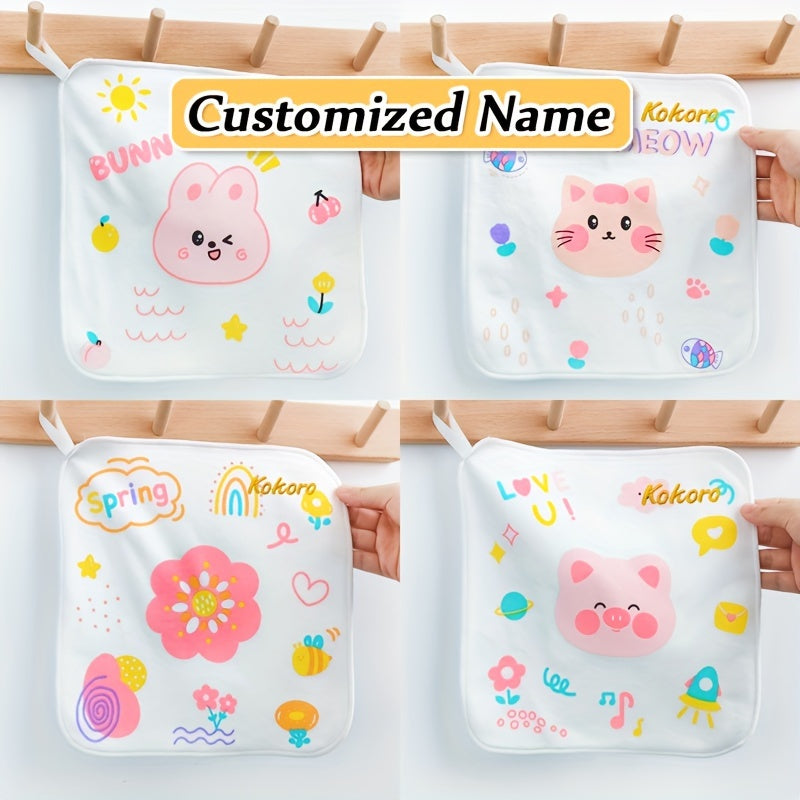 Exclusive gift of 4 customized bibs made from soft knit fabric with a double-layer design, personalized with a name. These gentle face wipes also double as saliva towels.