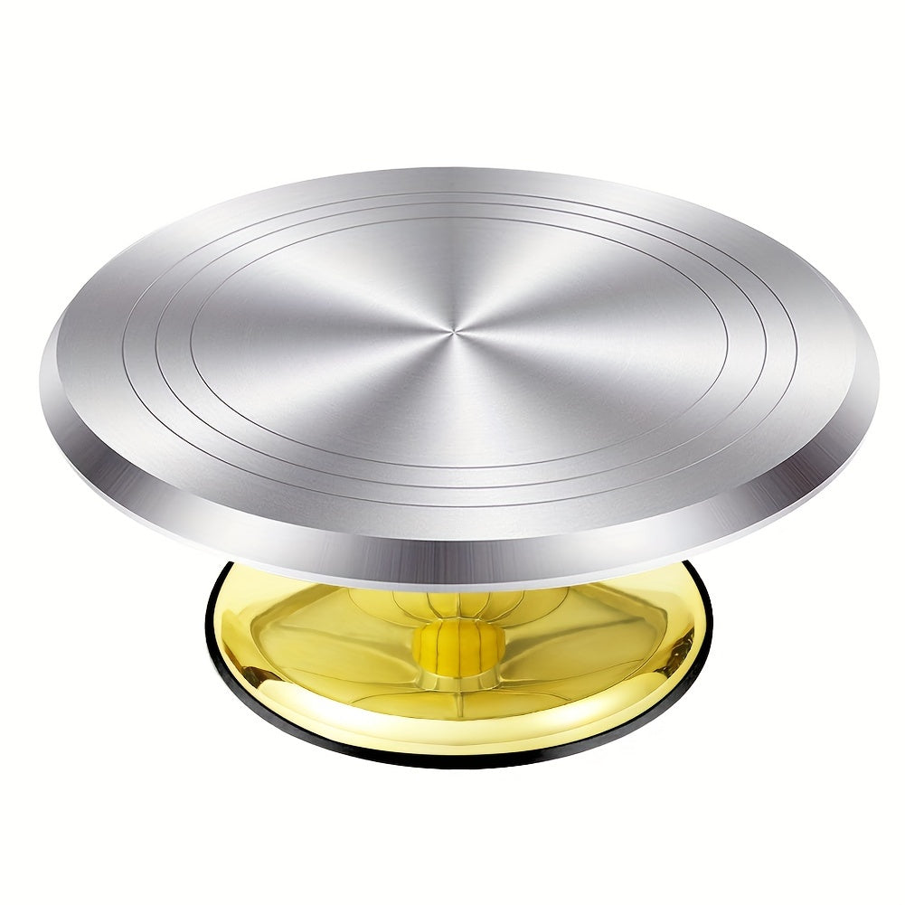 This versatile cake decorating turntable features a golden aluminum alloy surface with an anti-slip plastic base. It can be used for various tasks such as cake decoration, clay sculpting