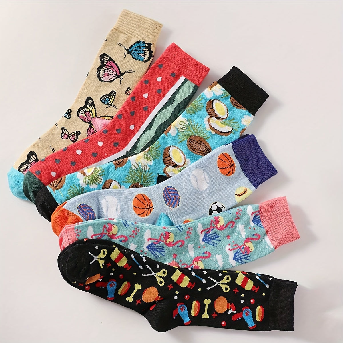 Men's Mid-Calf Socks with Basketball & Butterfly Designs, Soft & Comfortable, Perfect for Casual Attire.