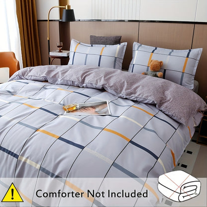 4-piece elegant plaid bedding set made of soft skin-friendly polyester, machine washable. Includes a duvet cover, counterpane, and 2 pillowcases. Suitable for all seasons with a