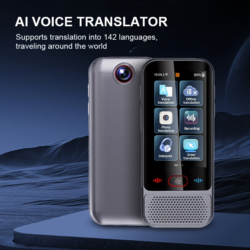 Portable dual-language translator with real-time voice & photo interpretation, supporting 142 online languages and 19 offline. Ideal for travel, business, and study.