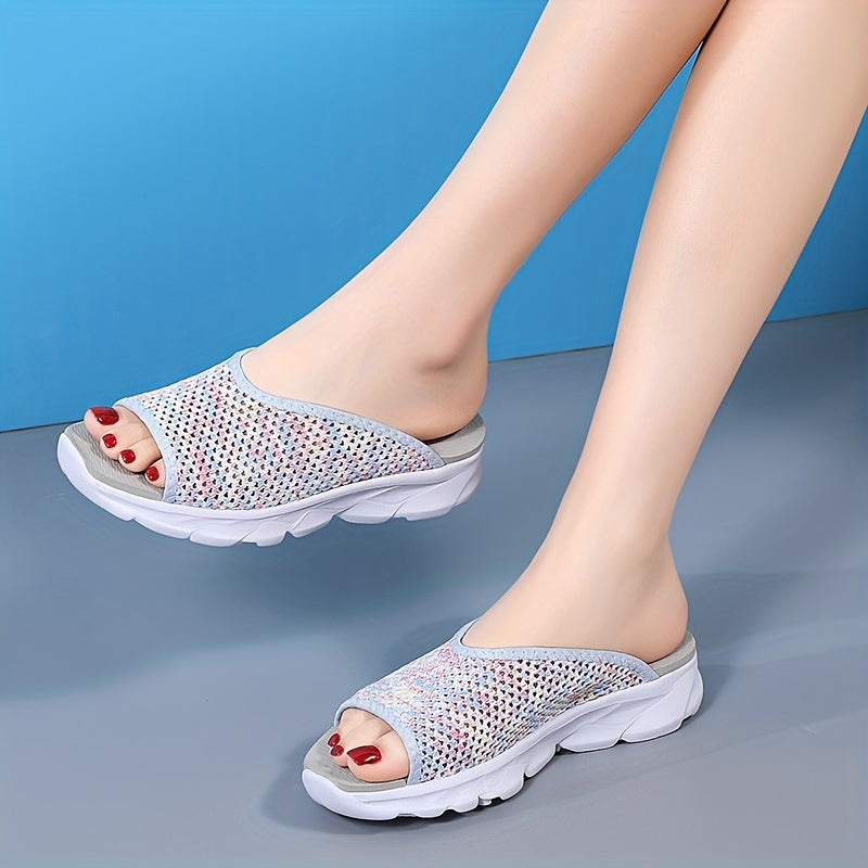 Womens slip-on sandals with fabric upper, EVA sole and insole. Breathable, non-slip beach shoes.