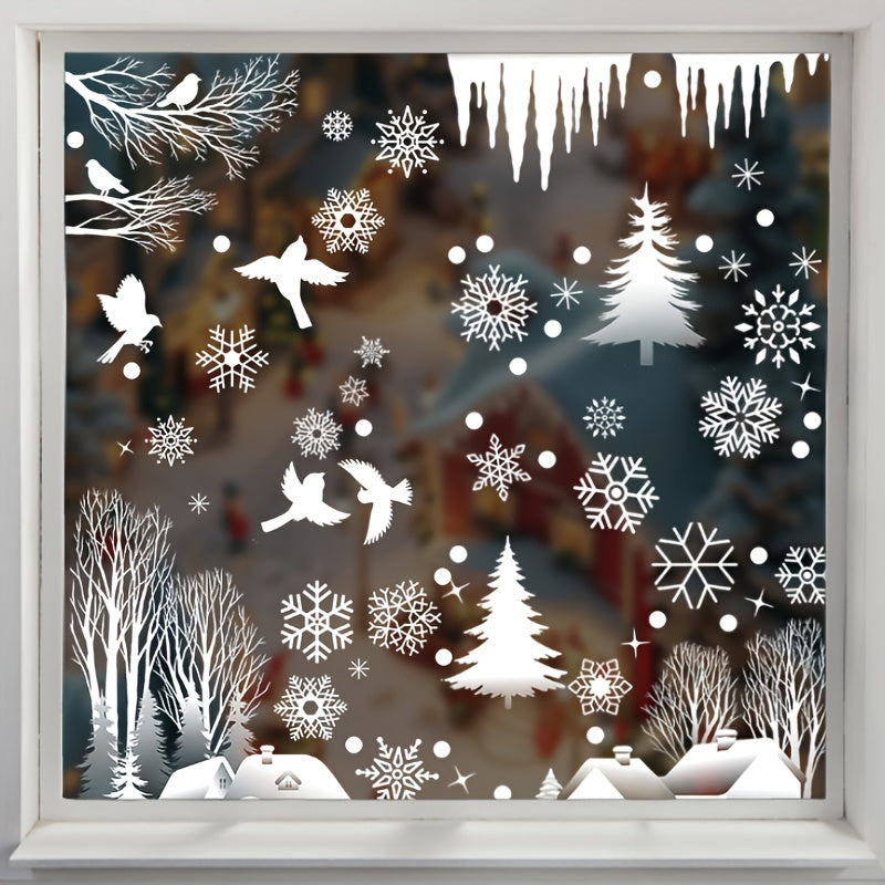 Christmas Forest Snow House Window Sticker Set with 74 Pieces, featuring Snowflake Wooden Houses for New Year and Christmas Decoration, creating a cozy Forest Cabin Atmosphere for the holiday season.