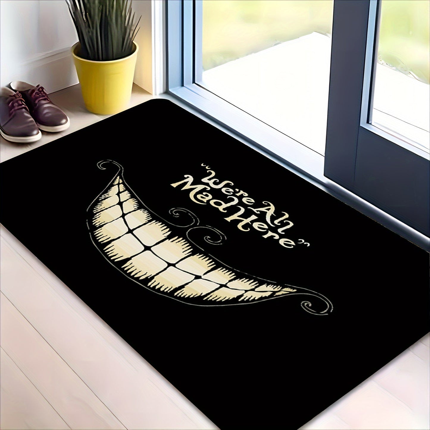 Welcome to Cheshire Smile Doormat - A soft and absorbent entrance mat made from polyester fleece, featuring a charming tooth and letter print design. This 1cm thick mat is anti-slip and perfect for your living room, bedroom, front door, or hallway. Add a