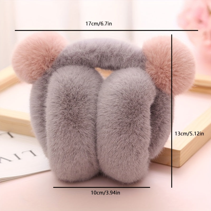 Women's Winter Outdoor Foldable Faux Fur Ear Warmers with Cute Pom Pom Plush Earmuffs in Solid Block Design