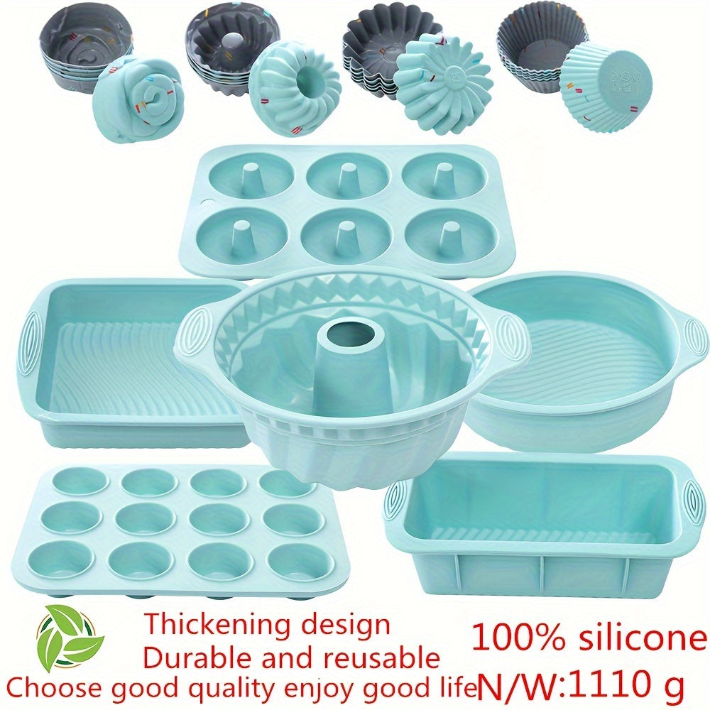 A 30-piece silicone kitchen baking supplies set includes nonstick silicone bakeware such as a baking pan, cake molds, baking sheet, donut pan, muffin pan, and cake pan, as well as a 24-pack of silicone cupcake mold baking cups.