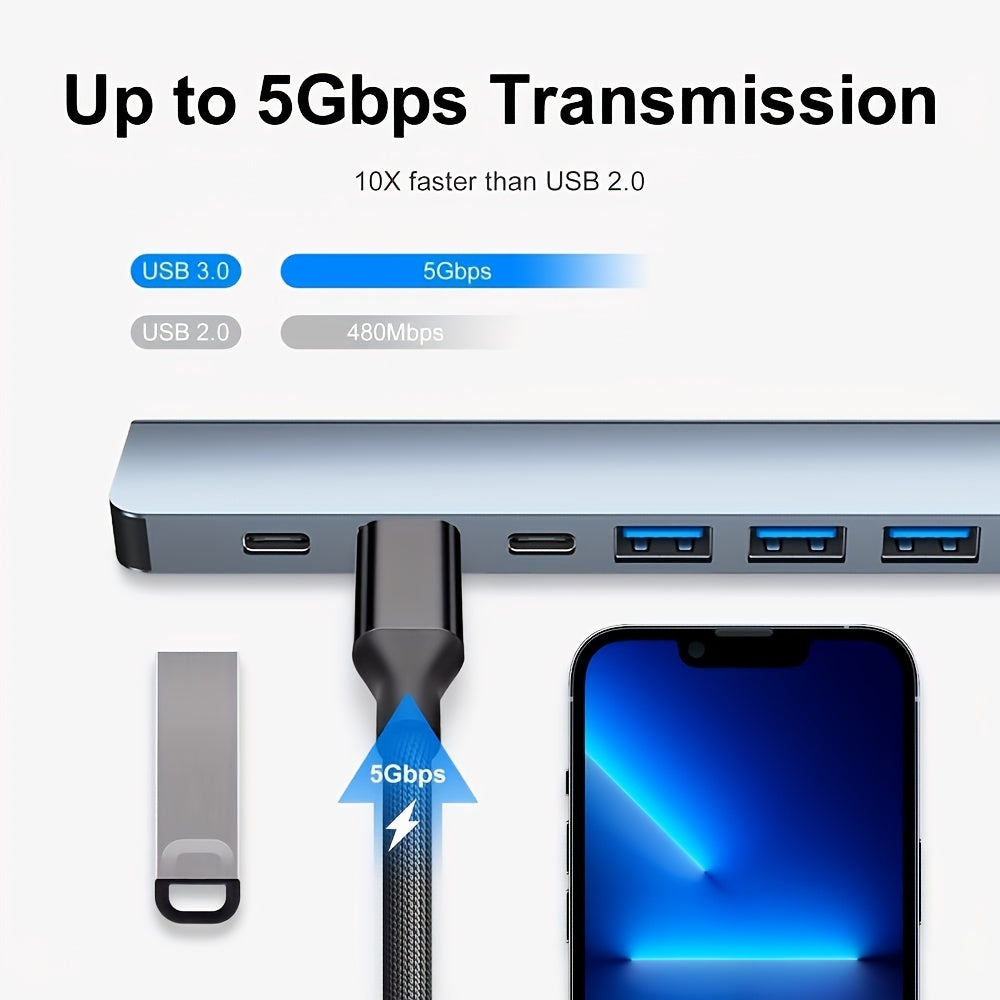 Multi-functional USB C hub with various ports for MacBook Pro/Air and USB C laptops.