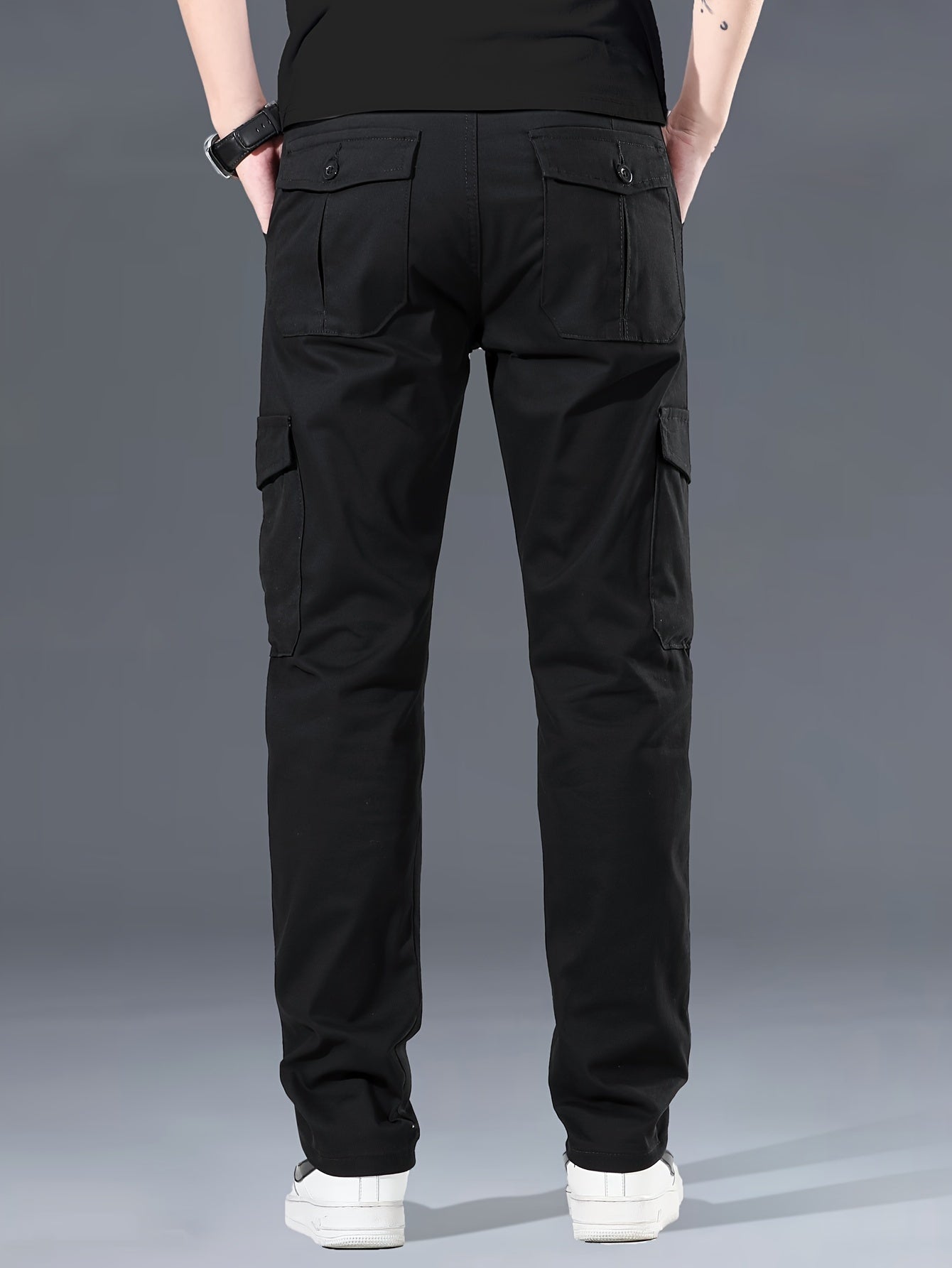 Men's cotton cargo pants, with 97% cotton 3% spandex blend, solid color, regular fit, zipper fly, multiple pockets, all-season wear.