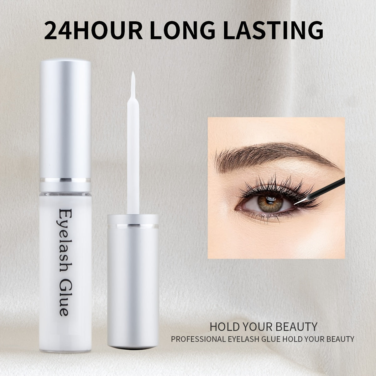 Unscented waterproof eyelash glue for strong hold, compatible with plastic false lashes, long-lasting formula up to 24 hours, sweatproof in ≤100ml bottle.