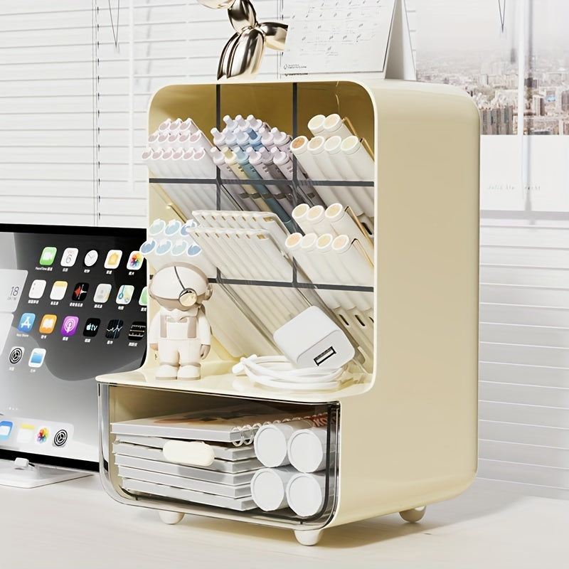 Large capacity plastic desk organizer with drawer for stationery and accessories. Can support pens, notes, and more.