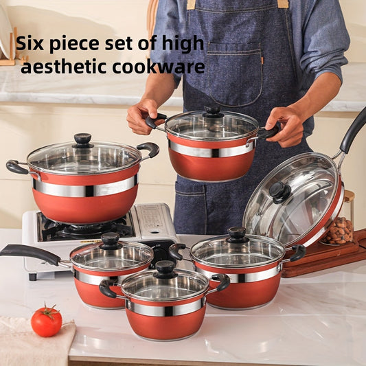 Durable Kitchen Essentials: 12-Piece Stainless Steel Cookware Set with Non-Stick Induction Cooktop Safe Pots and Pans, Featuring Glass Lids