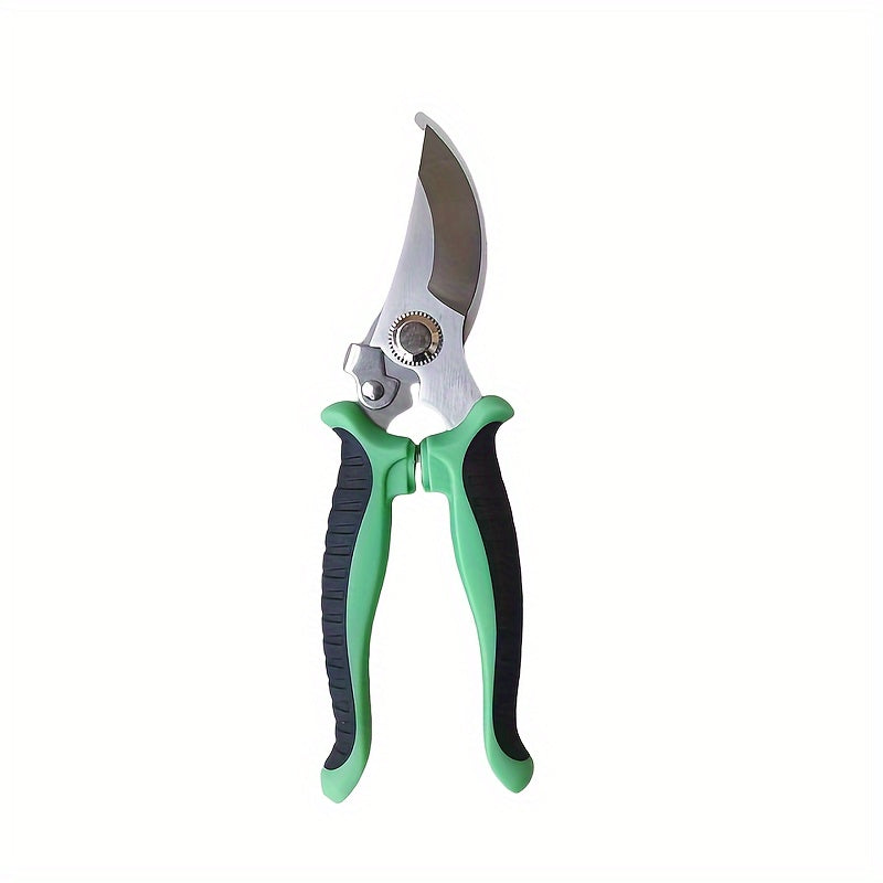 Stainless steel fruit and branch scissors with multi-functional, anti-slip design for labor-saving manual pruning.