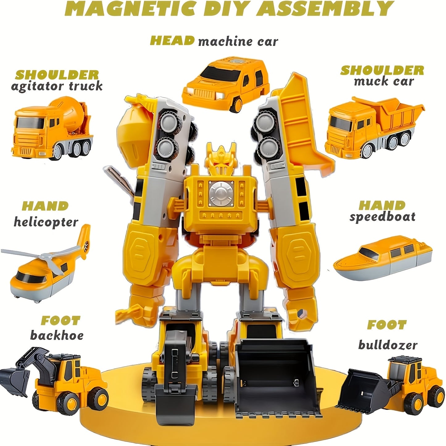 MISFANS 26/35pcs Magnetic Engineering Cars, Construction Robot Blocks, Educational Toy for Kids 3-8, Durable Plastic, Yellow