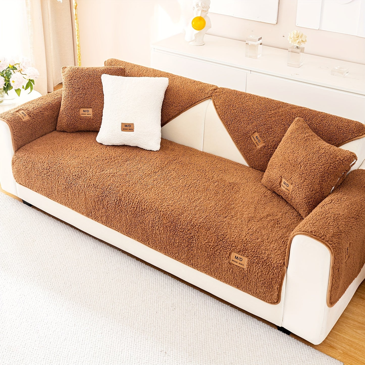 Thick Sherpa sofa cover for pets and furniture protection in bedroom, office, or living room.