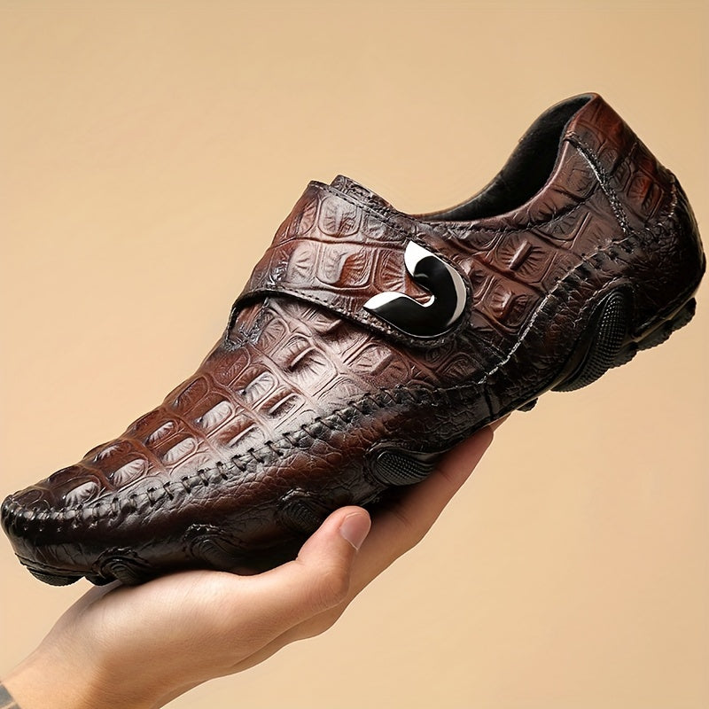 Men's Croc Effect Loafer Shoes with Hook and Loop Fastener, Comfy Non-slip Slip On Footwear.